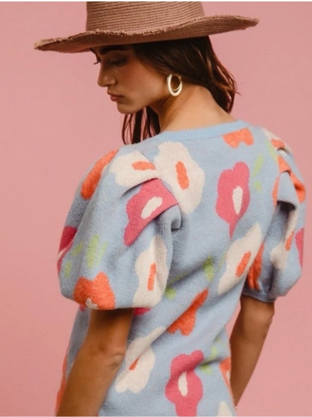 BiBi Floral Puff Short Sleeve V Neck Sweater Medium Blue Pink Orange - Picture 2 of 5